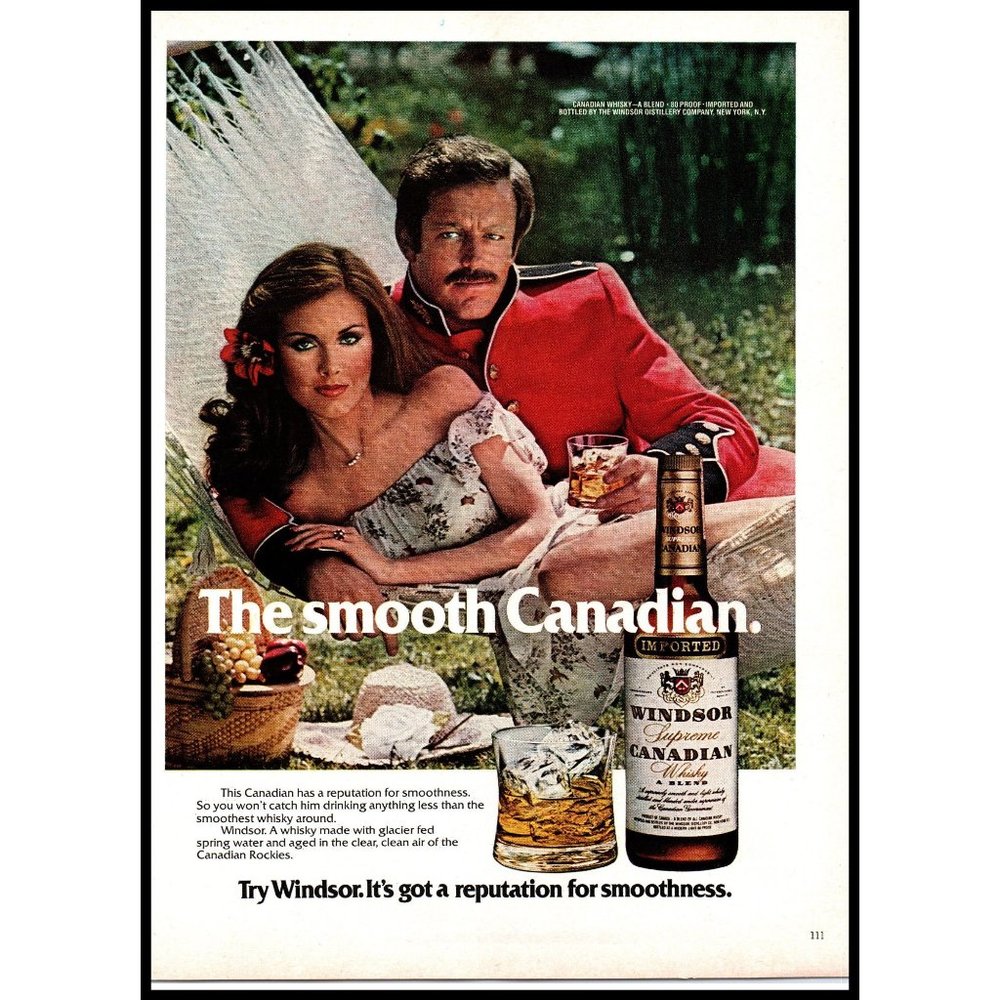 1978 Windsor Canadian Whisky Vintage Print Ad RCMP Mountie Woman Hammock Decor